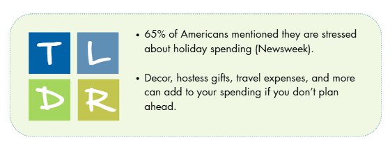 hidden costs of holidays too long, didn't read: 65% of Americans mentioned they are stressed about holiday spending (Newsweek). Decor, hostess gifts, travel expenses, and more can add to your spending if you don't plan ahead.
