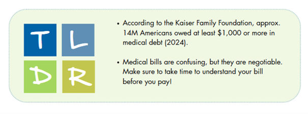 medical debt too long, didn't read: According to the Kaiser Family Foundation, 14 million Americans owed at least $1,000 or more in medical debt (2024). Medical bulls are confusing, but the are negotiable. Make sure to take time t understand your bill before you pay!