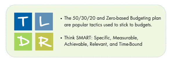 Too long, didn't read: The 50/30/20 and Sero-based budgeting plan are popular tactics used to stick to budgets. Think SMART: Specific, Measurable, Achievable, Relevant, and Time-bound.